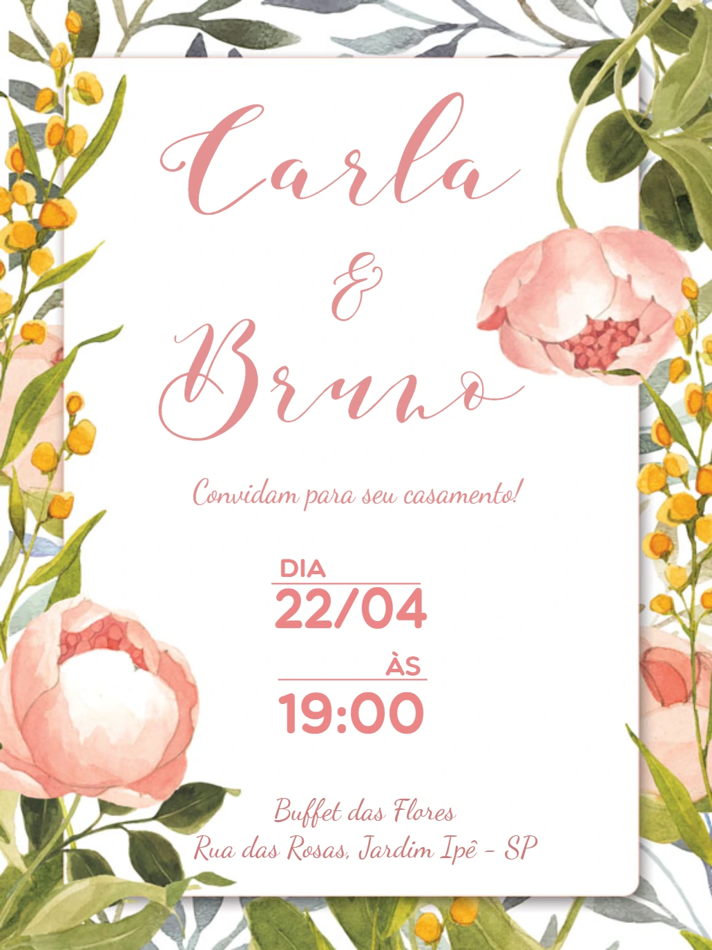 Convite de Casamento Floral Aquarela para Editar Online