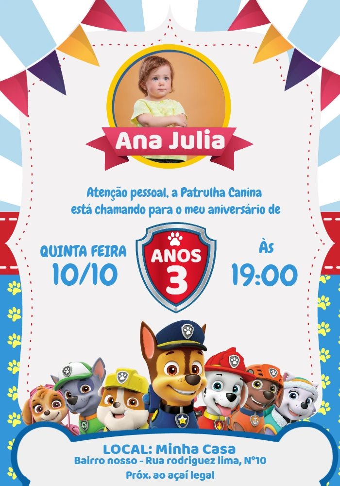 Convite Aniversário Patrulha Canina com Foto para Editar