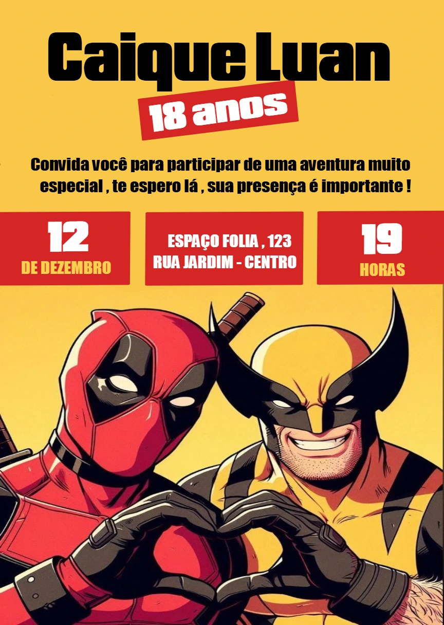 Convite de Aniversário Deadpool e Wolverine para Editar Online