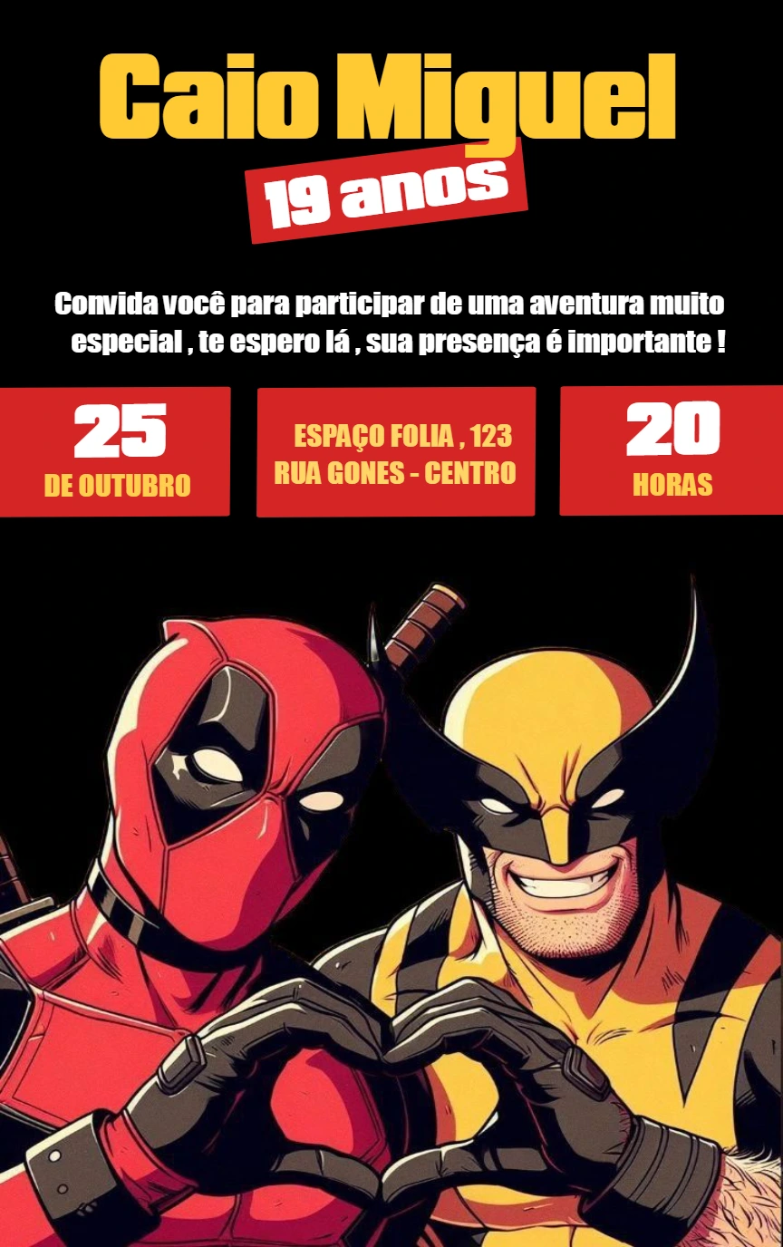 Convite de Aniversário Deadpool e Wolverine para Editar Online
