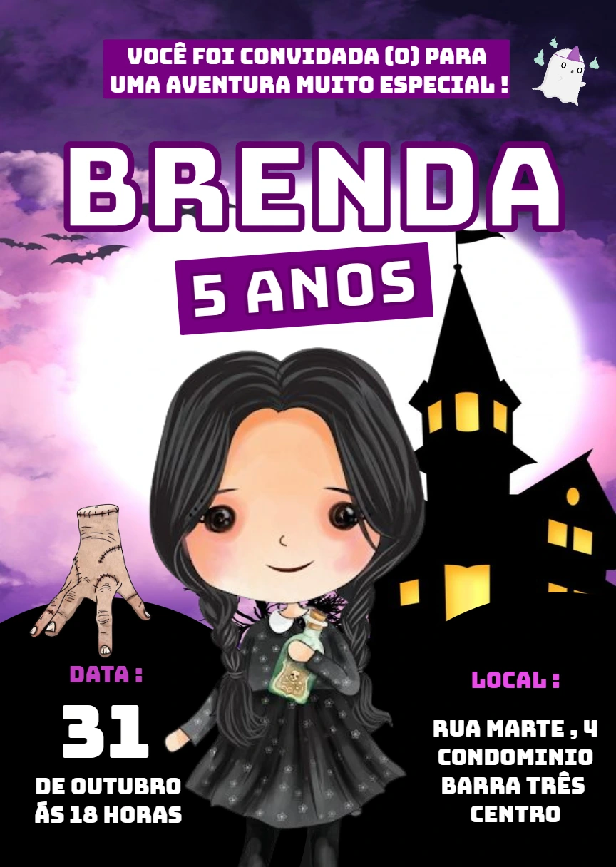 Convite de Aniversário Wandinha Addams para Editar Online