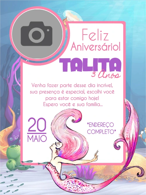 Convite Aniversário Sereia com Foto para Editar Online