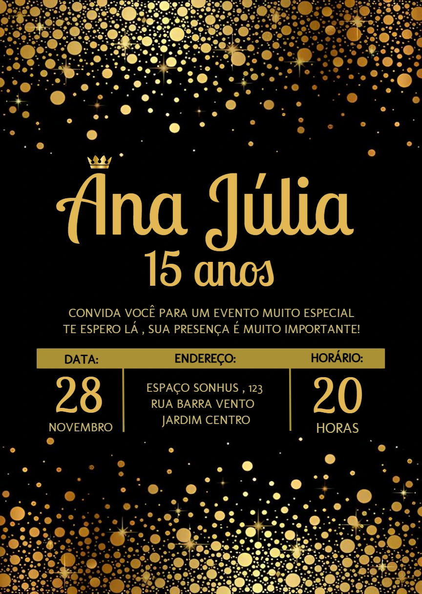 Convite de 15 Anos Dourado e Preto para Editar Online