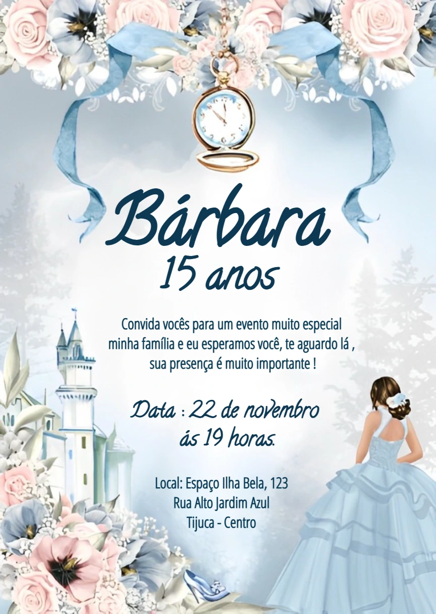 Convite de 15 Anos Tema Princesa Azul para Editar Online