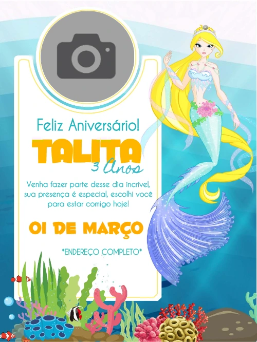 Convite Aniversário Sereia com Foto para Editar Online