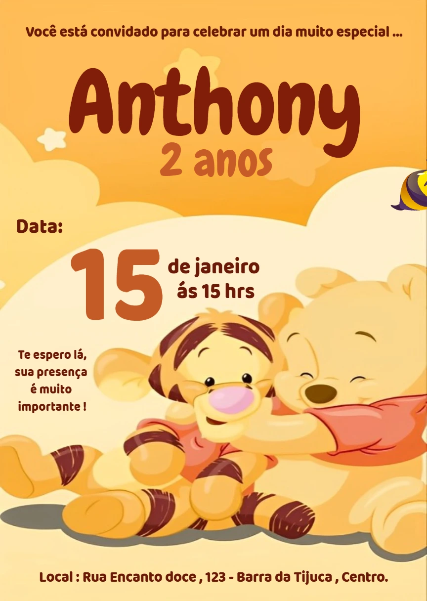 Convite Aniversário Ursinho Pooh e Tigrão para Editar Online
