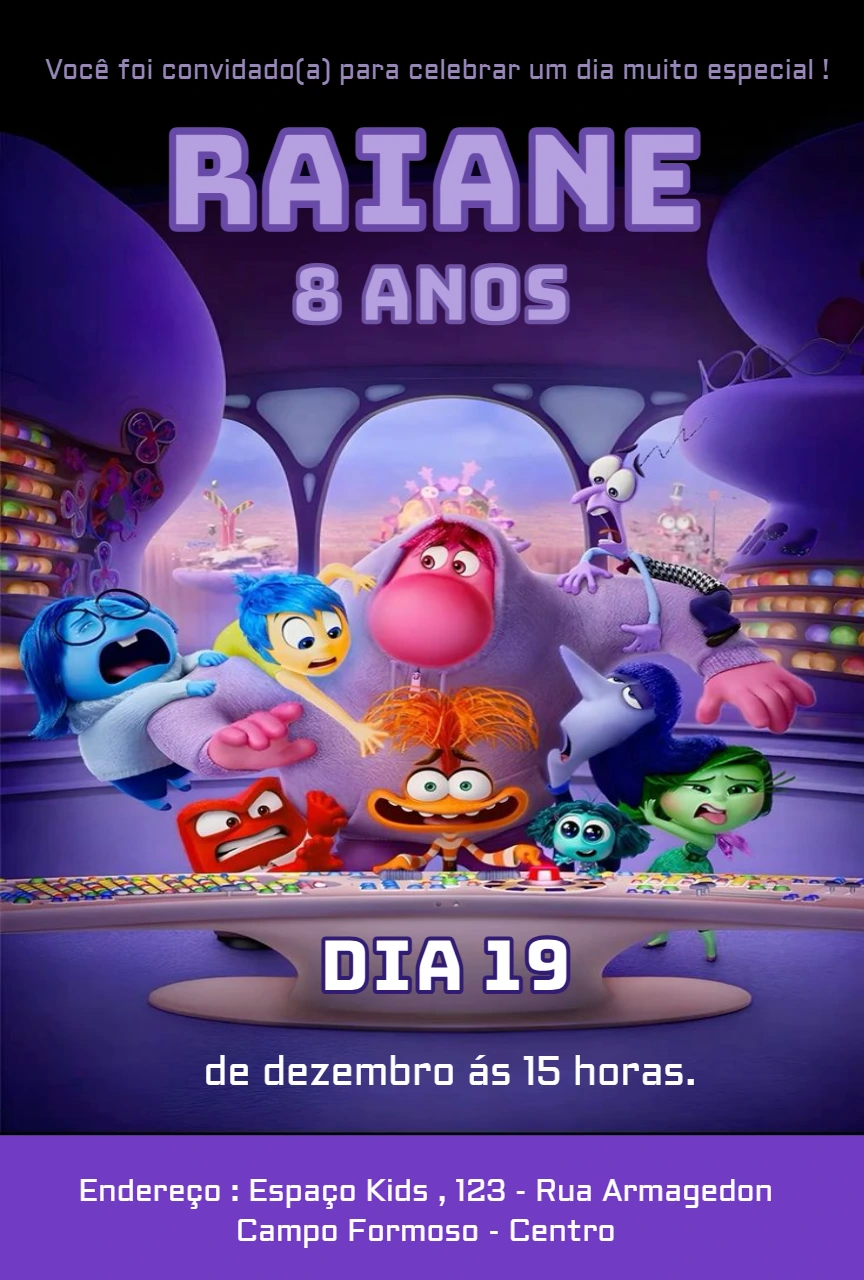 Convite Aniversário Divertida Mente 2 com Personagens para Editar