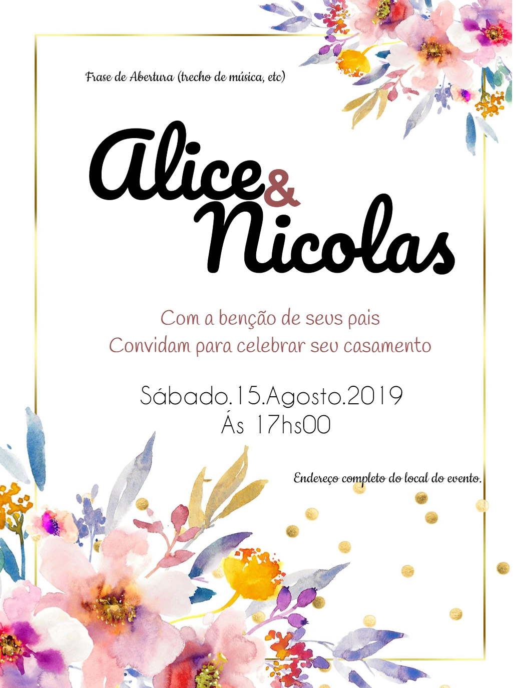 Convite de Casamento Floral Aquarela para Editar Online