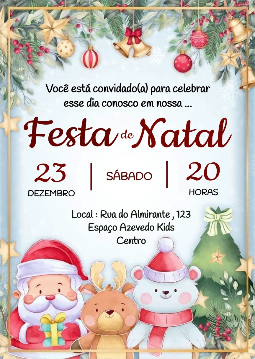 Convite Festa de Natal Aquarela com Papai Noel para Editar
