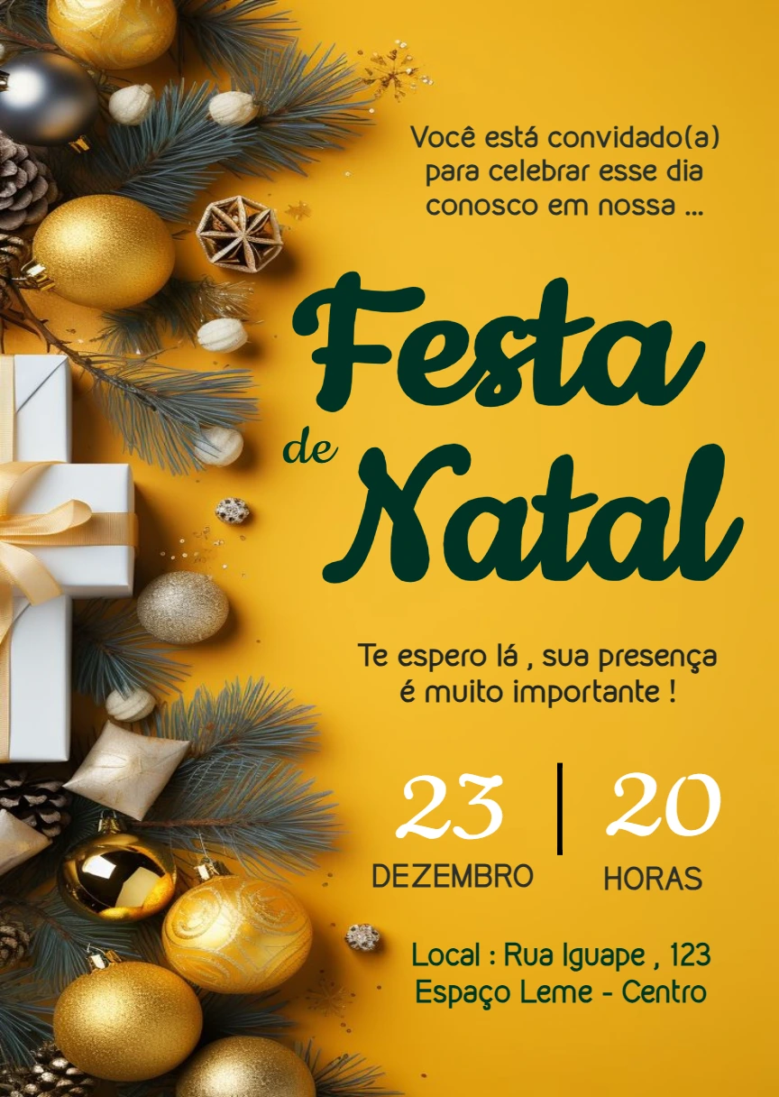 Convite de Festa de Natal com Enfeites Dourados para Editar