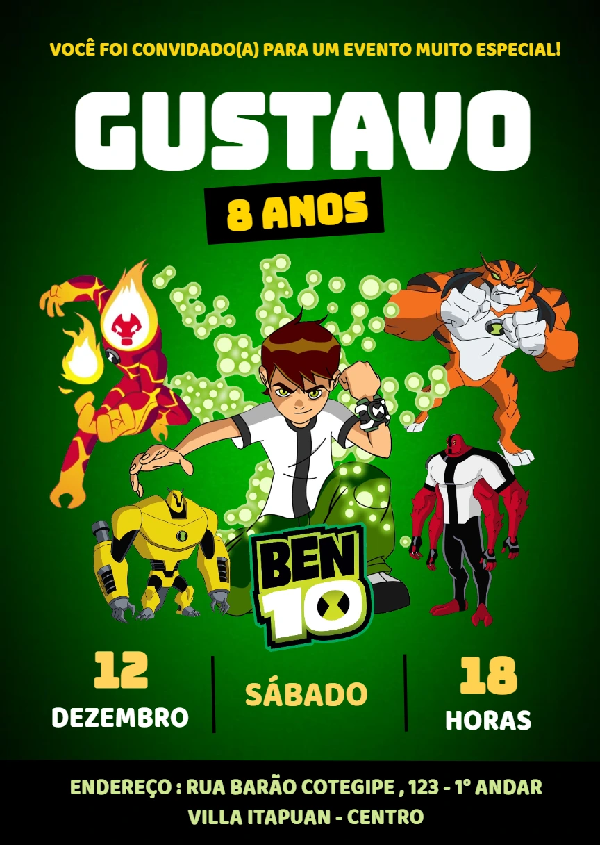 Convite de Aniversário Ben 10 com Aliens para Editar Online