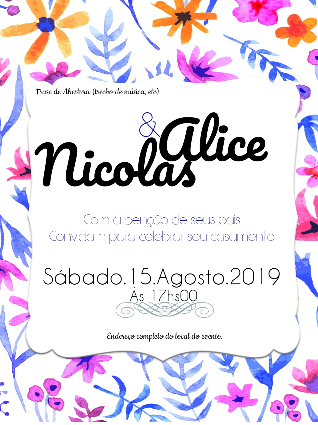 Convite de Casamento Floral Aquarela para Editar Online