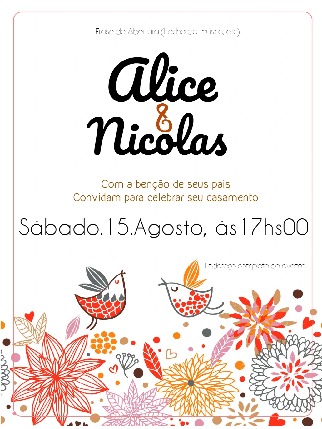 Convite de Casamento Floral com Pássaros para Editar Online