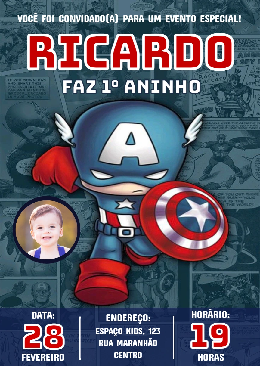 Convite Aniversário Capitão América com Foto para Editar Online