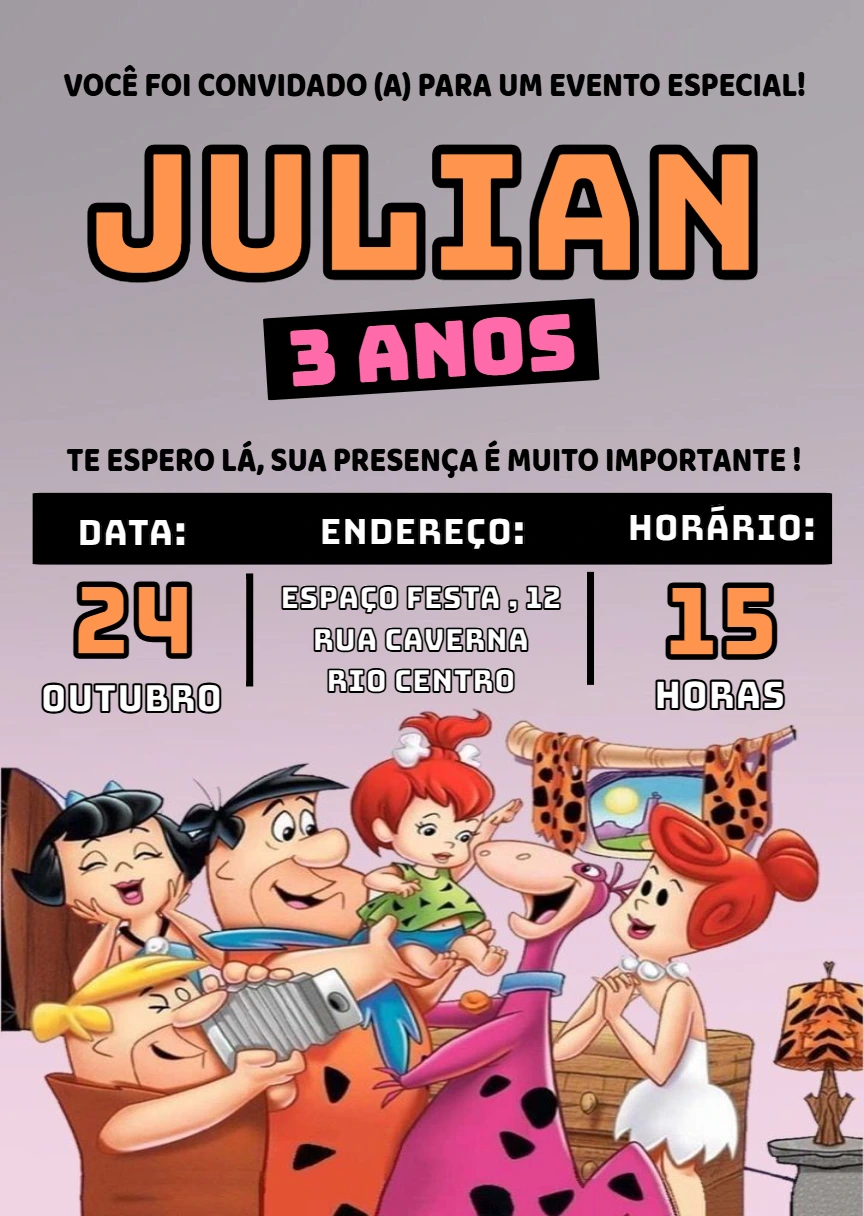 Convite Aniversário Os Flintstones com Personagens para Editar