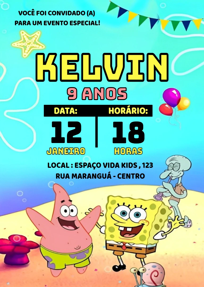 Convite de Aniversário Bob Esponja com Personagens para Editar