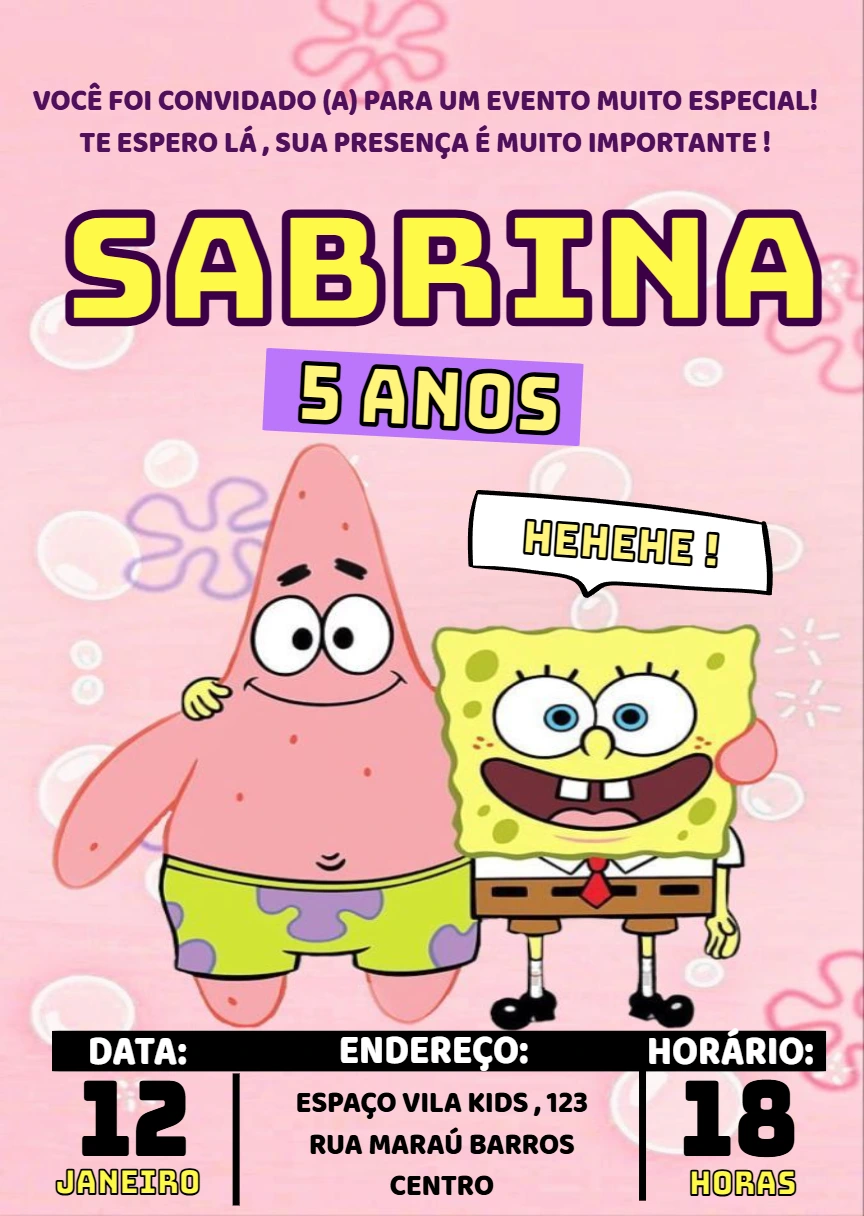 Convite de Aniversário Bob Esponja e Patrick Editável Online