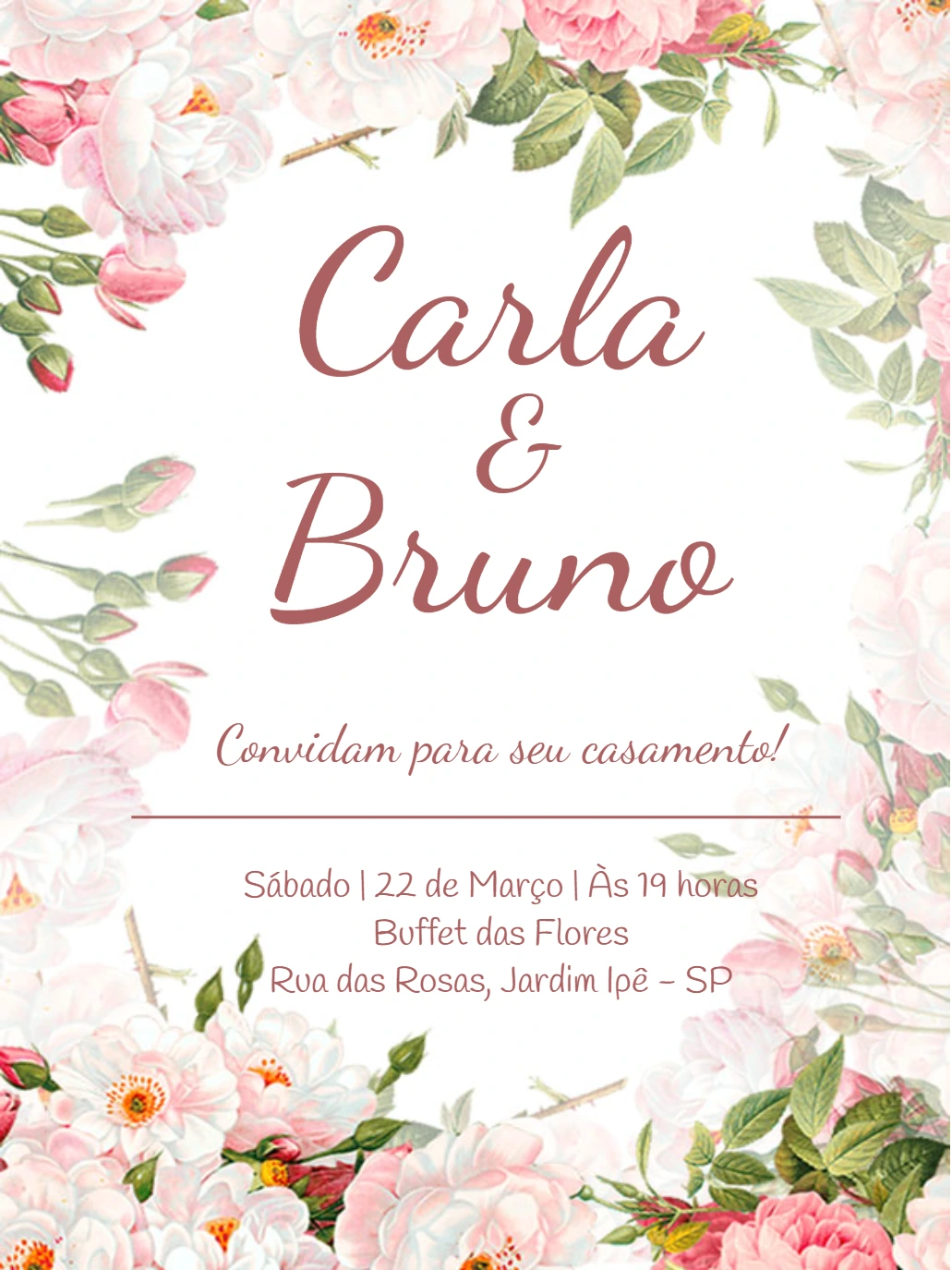 Convite de Casamento Floral com Rosas para Editar Online