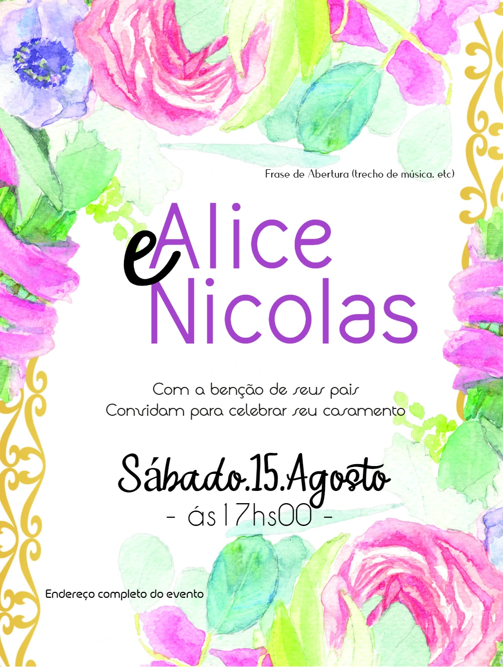 Convite de Casamento Floral Aquarela para Editar Online