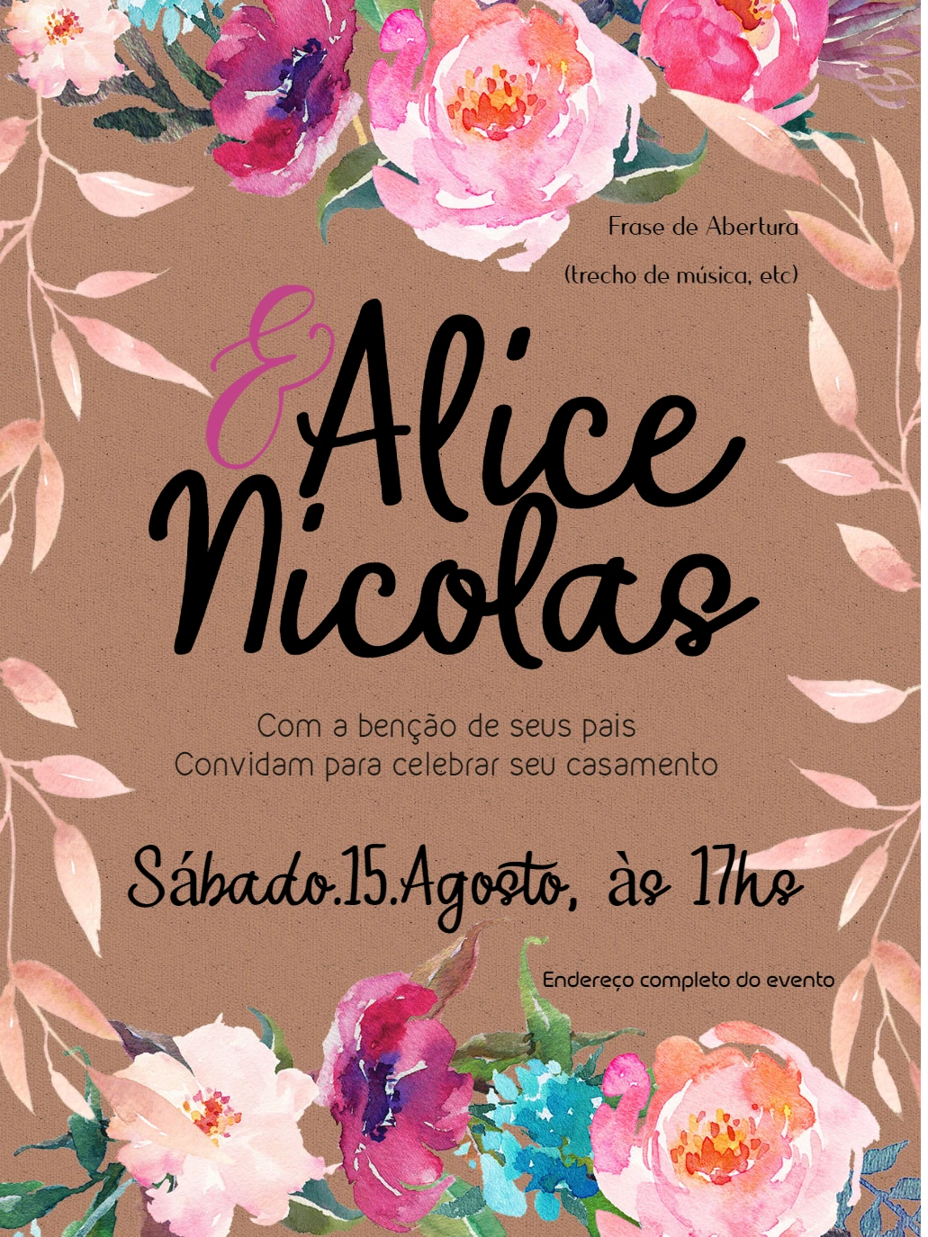 Convite de Casamento Floral Aquarela para Editar Online
