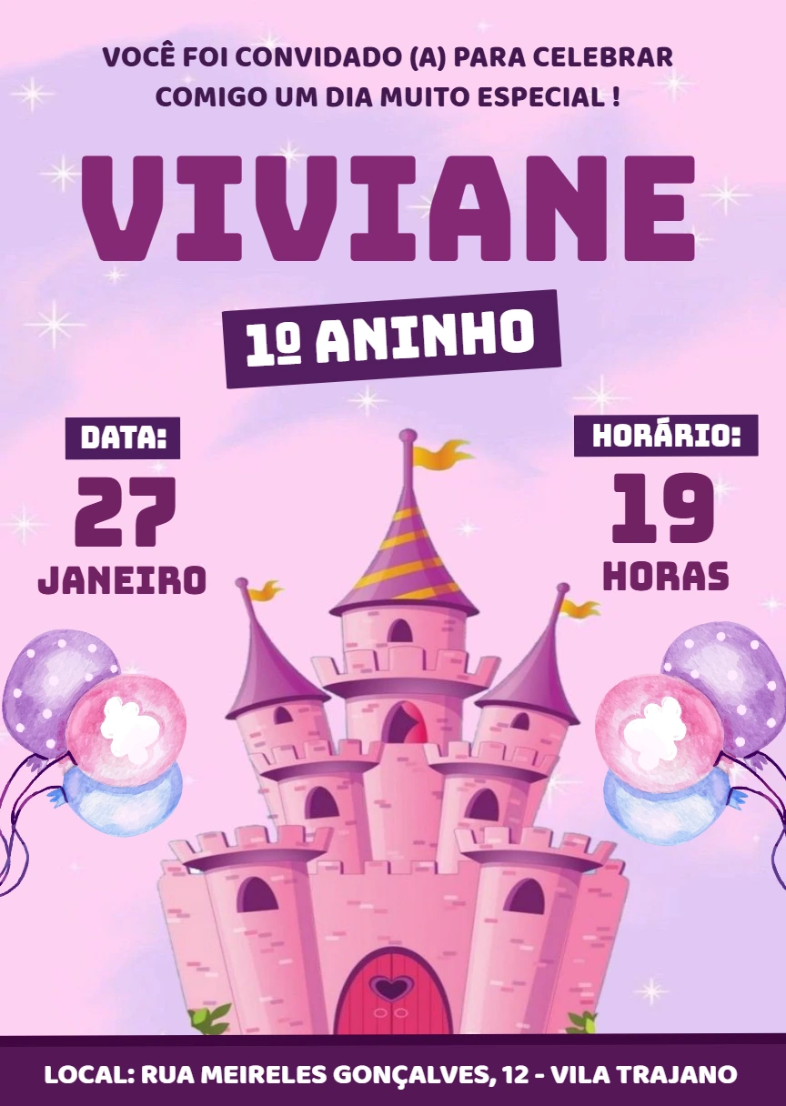Convite de Aniversário Castelo de Princesa para Editar Online