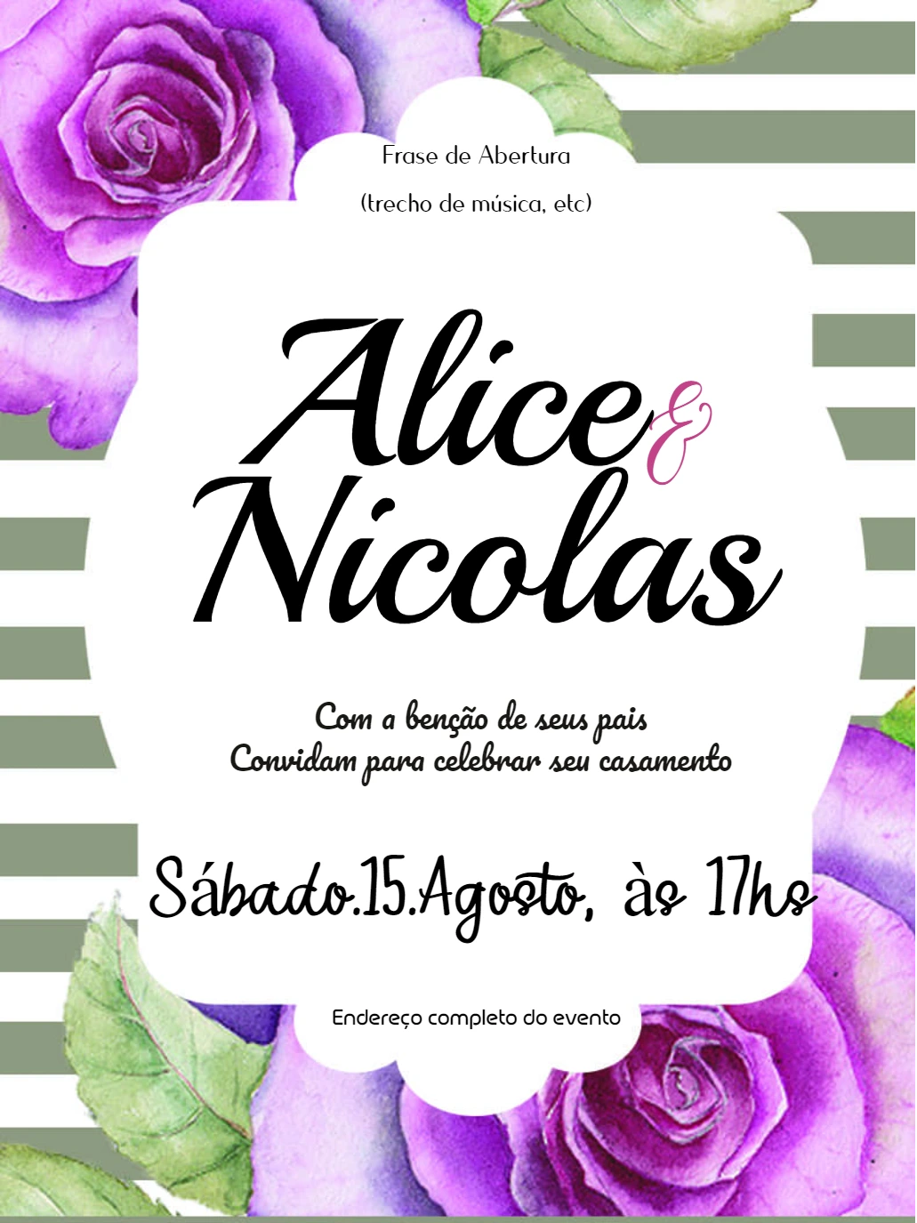 Convite de Casamento Floral com Rosas Roxas para Editar