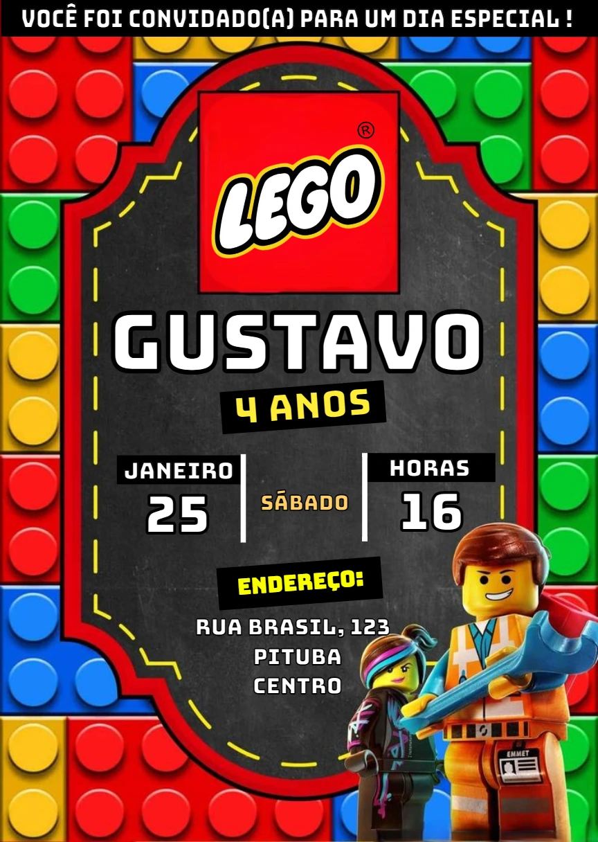 Convite de Aniversário Lego com Blocos Coloridos para Editar