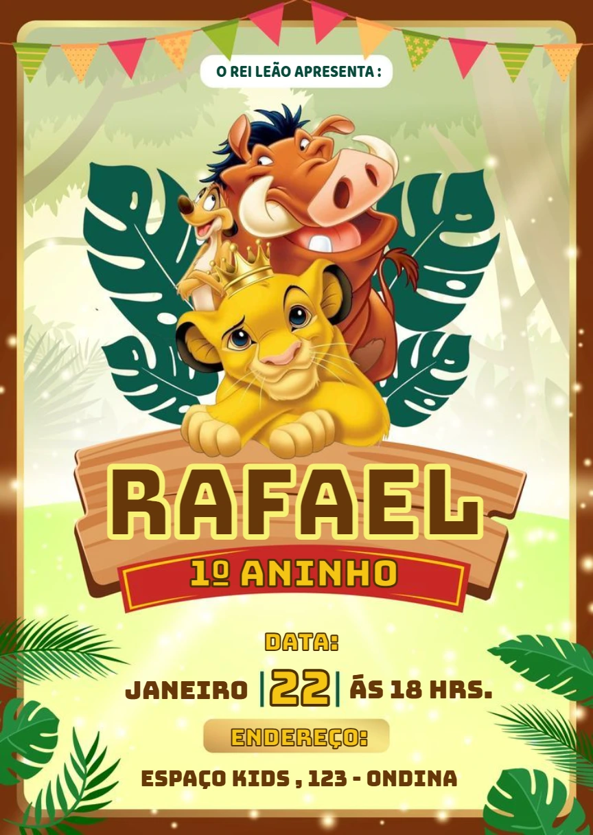 Convite de Aniversário Rei Leão com Simba para Editar Online