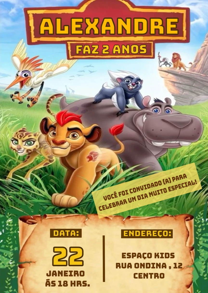 Convite Aniversário A Guarda do Leão com Personagens para Editar