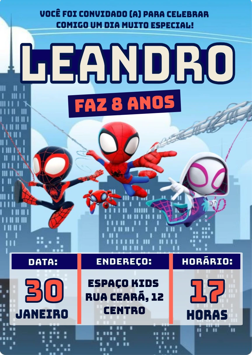 Convite Aniversário Spidey e Amigos com Miles e Gwen para Editar