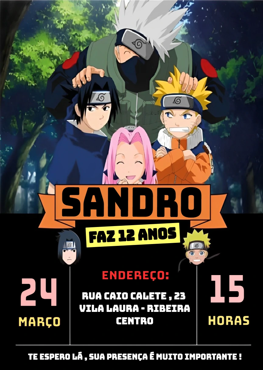 Convite de Aniversário Naruto Editável com Personagens