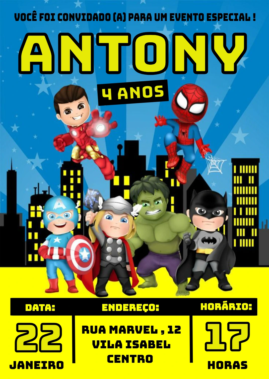 Convite de Aniversário Super Heróis Baby para Editar Online