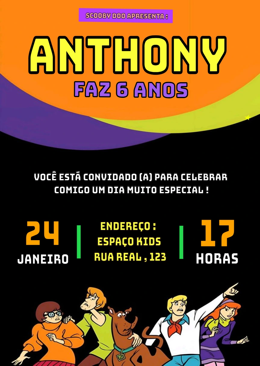 Convite de Aniversário Scooby Doo com a Turma para Editar Online