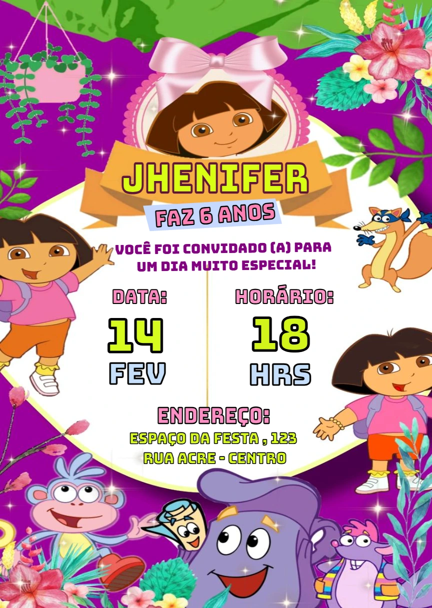 Convite Dora Aventureira Aniversário Editável Online
