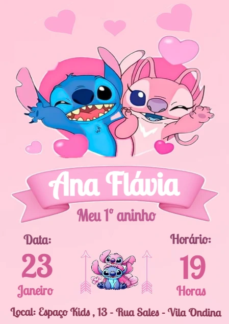 Convite de Aniversário Stitch e Angel Rosa para Editar Online