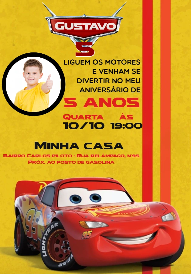 Convite Aniversário Carros com Foto para Editar Online