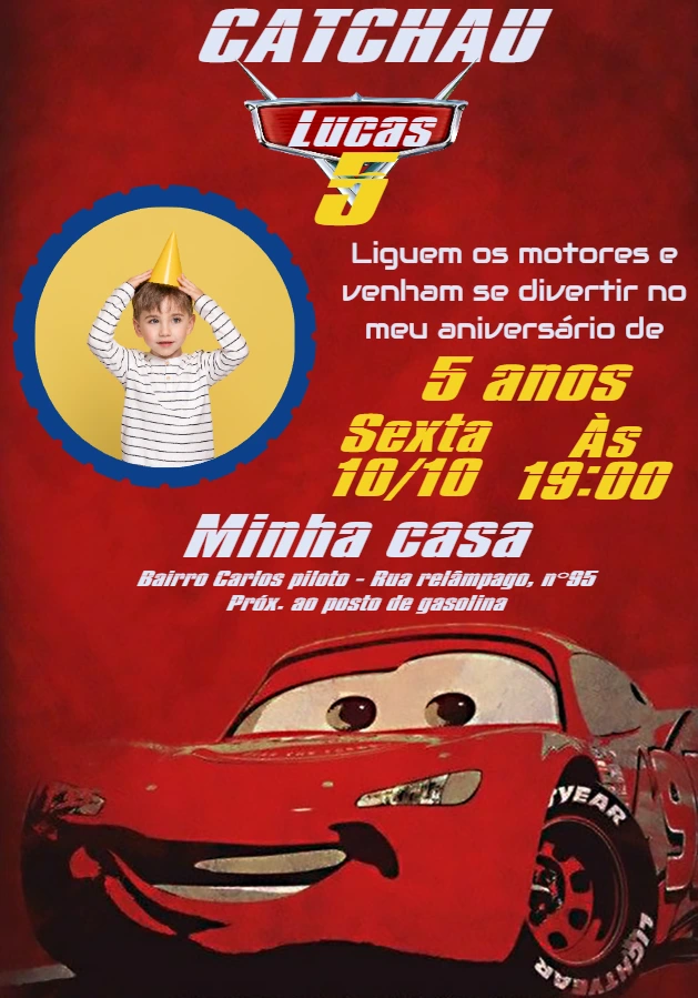 Convite Aniversário Carros com Foto para Editar Online