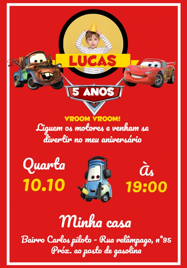 Convite Aniversário Carros com Foto para Editar Online
