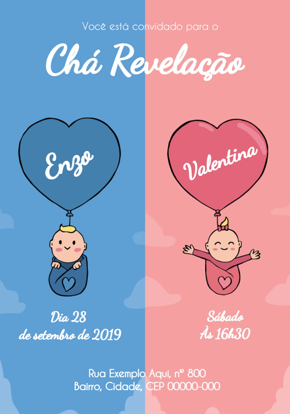 Convite Chá Revelação com Bebês e Balões para Editar Online