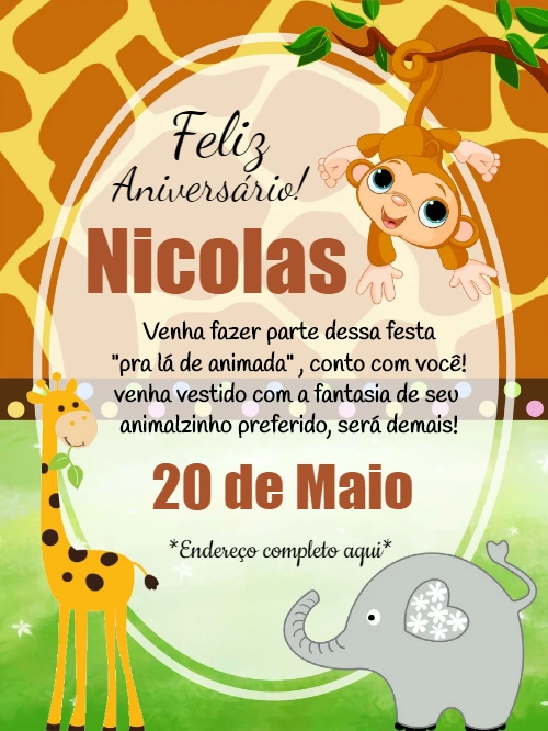 Convite de Aniversário Safari com Animais para Editar Online
