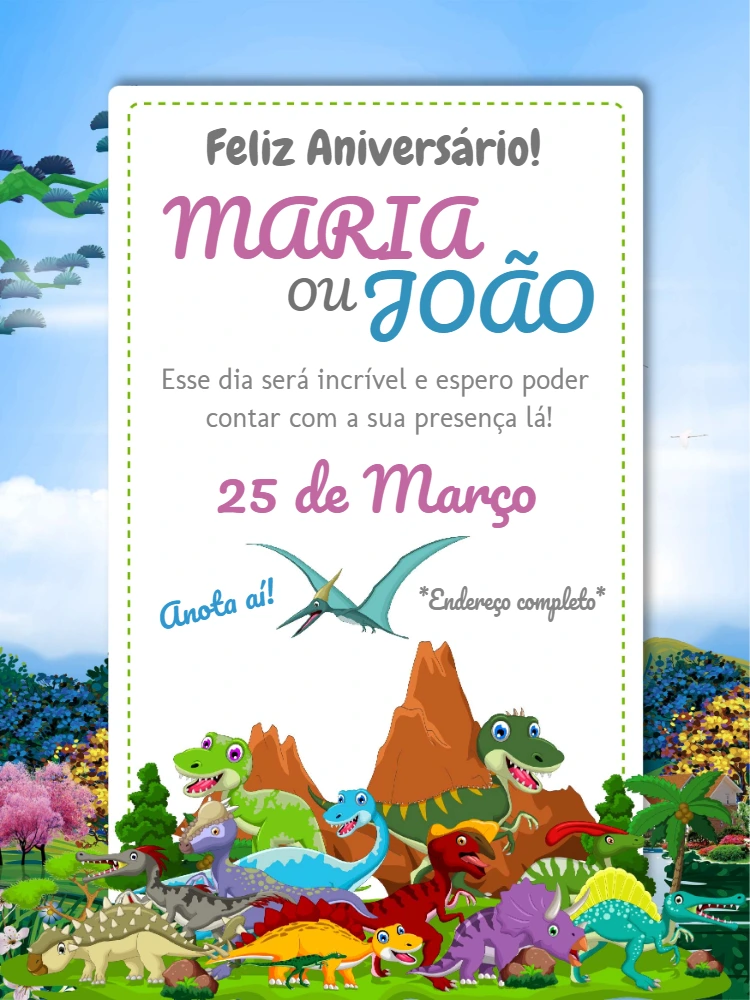 Convite de Aniversário Dinossauro para Editar Online