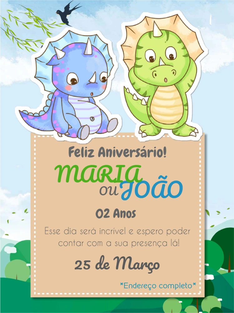 Convite Aniversário Dinossauros Fofos para Editar Online