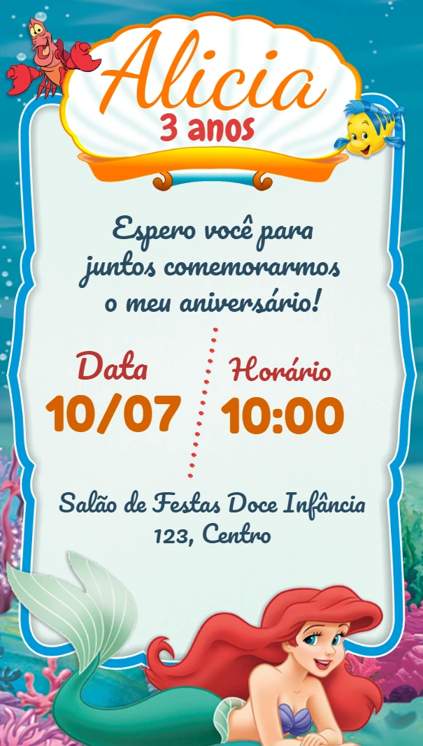 Convite Aniversário Ariel Pequena Sereia para Editar Online