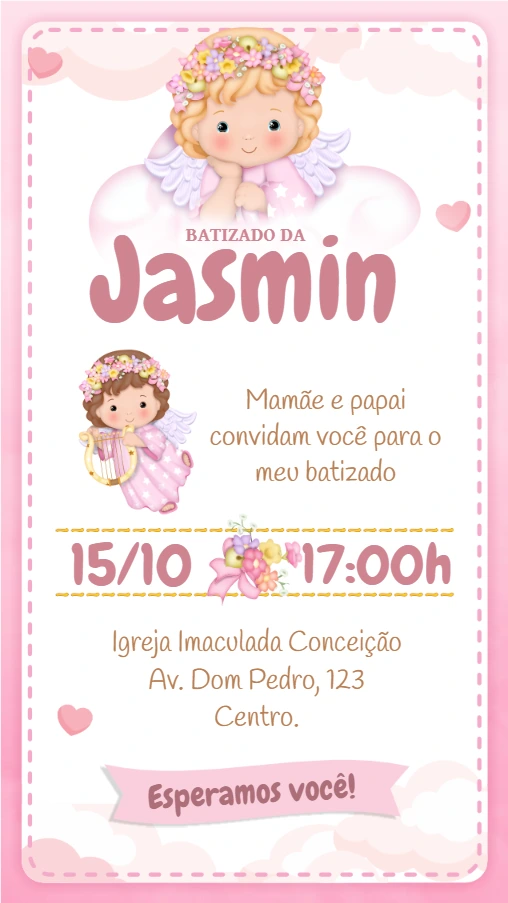 Convite de Batizado Anjinha Rosa para Editar Online