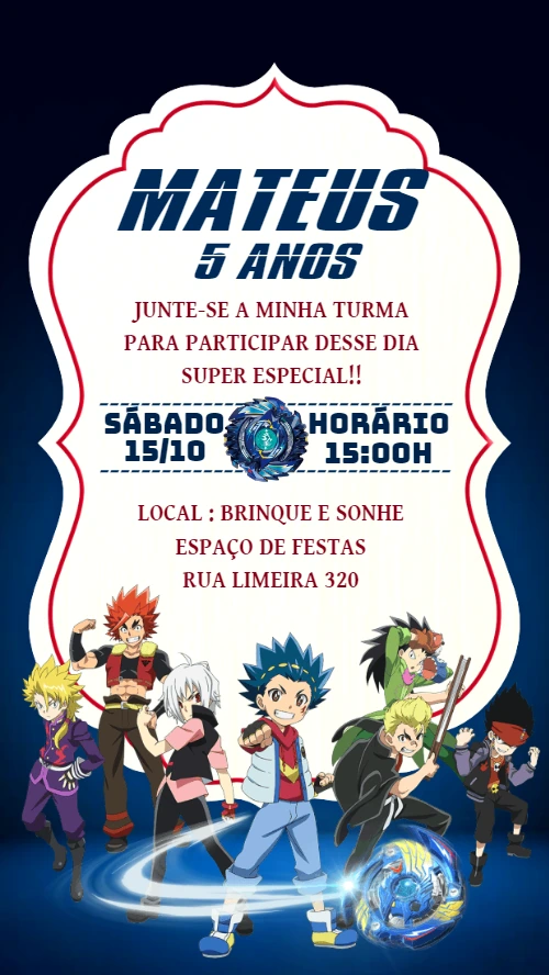 Convite Aniversário Beyblade com Personagens para Editar Online