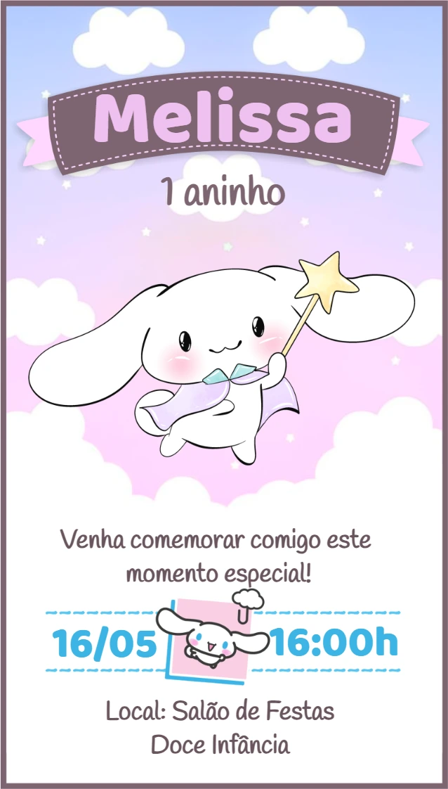 Convite de Aniversário Cinnamoroll Editável Online para Imprimir