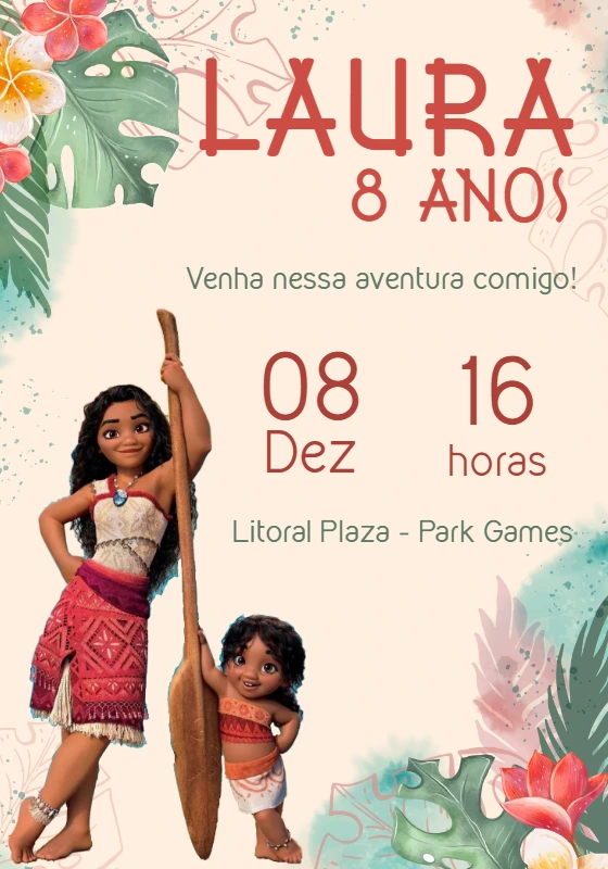 Convite de Aniversário Moana Baby e Aventureira para Editar