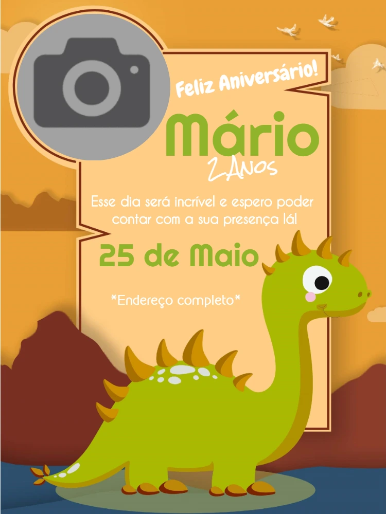 Convite Aniversário Dinossauro com Foto para Editar Online