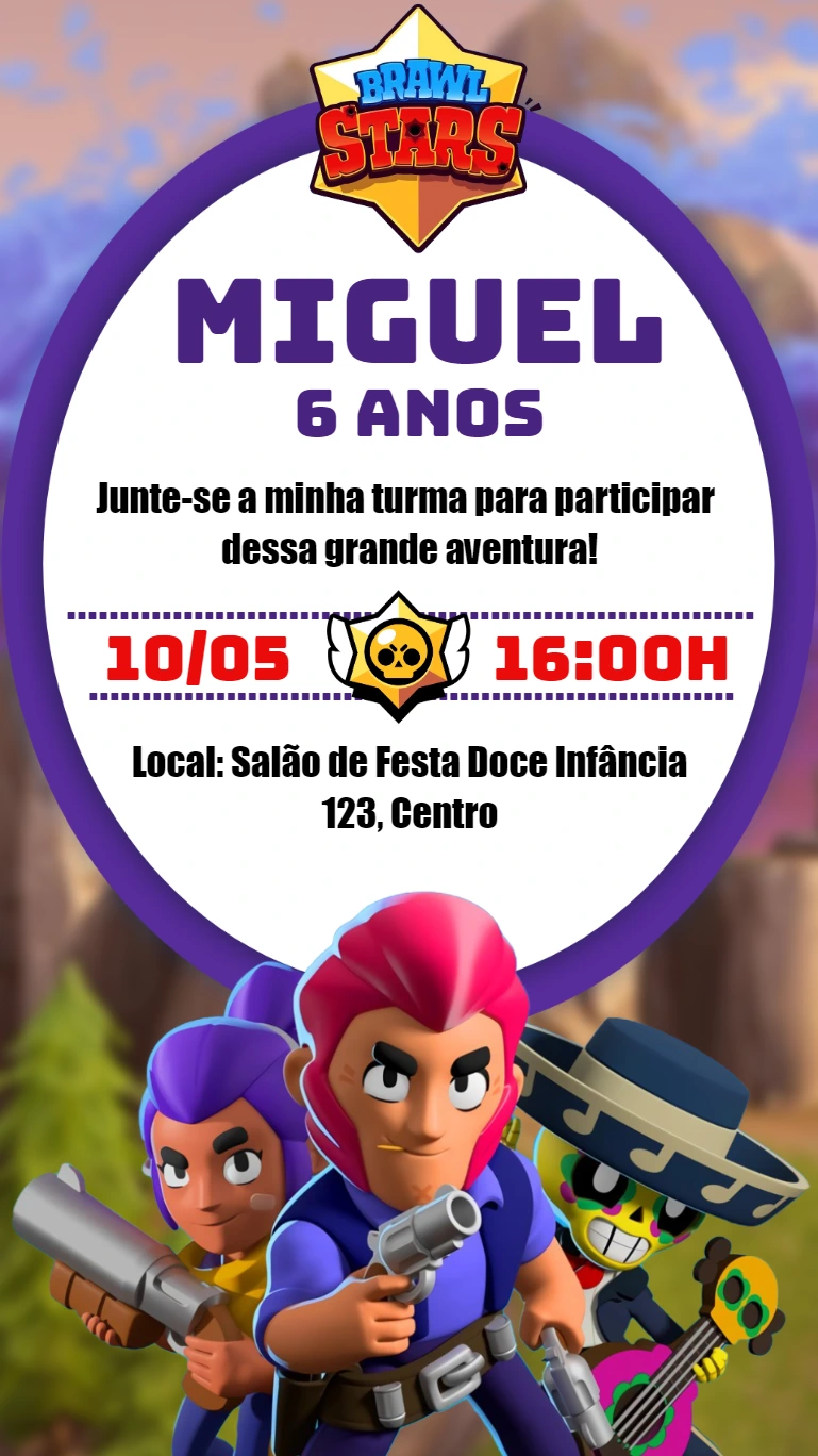 Convite de Aniversário Brawl Stars com Personagens para Editar