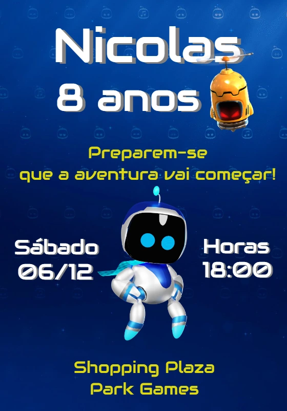 Convite Aniversário Astro Bot PS5 para Editar Online